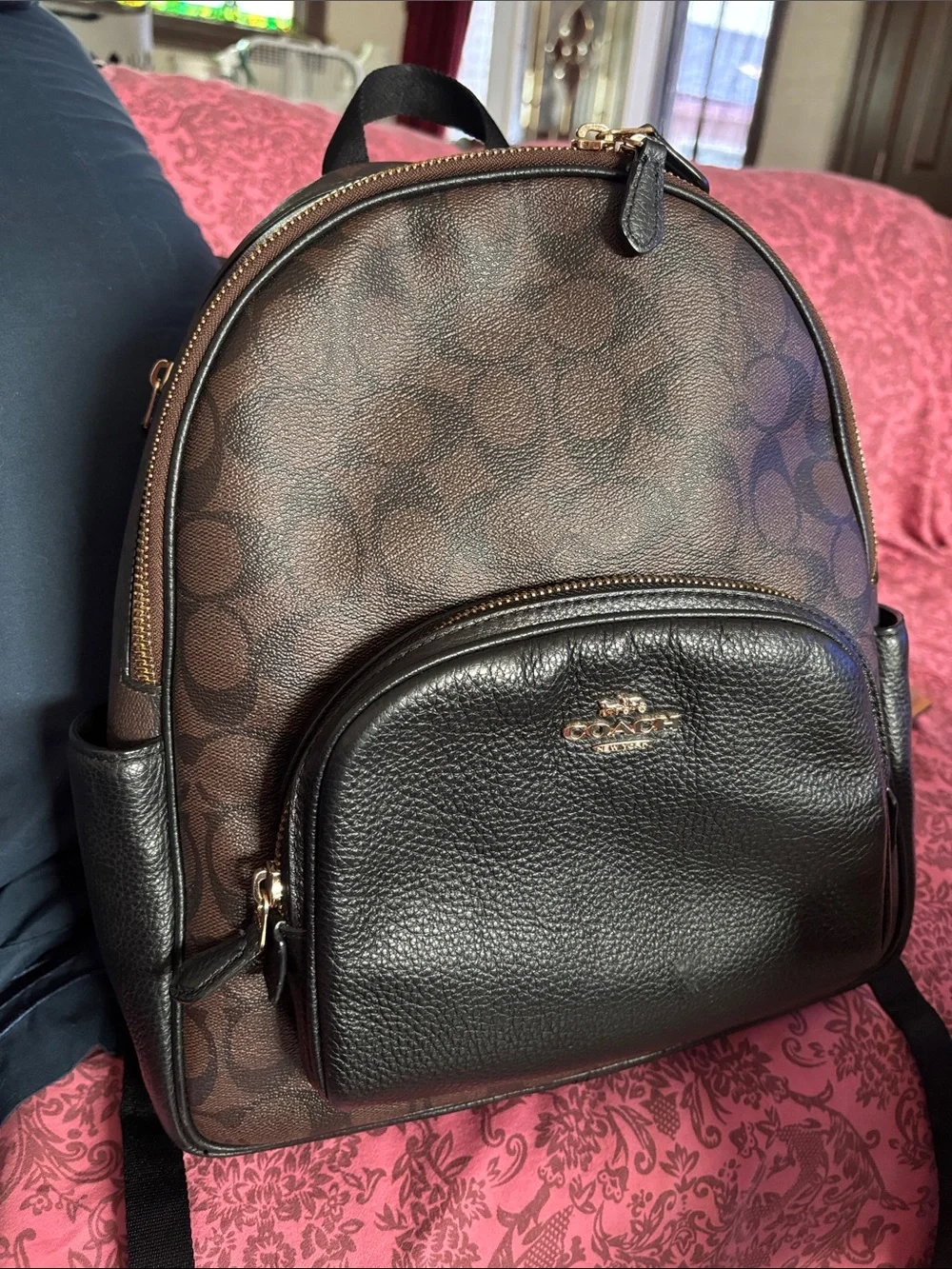 Coach court Signature canvas & pebbled Black Leather Backpack w/dusty
